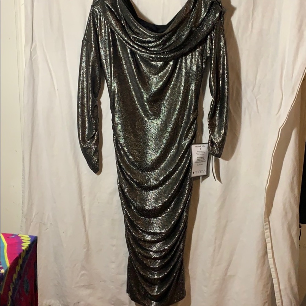 Silver and black dress, fitted.